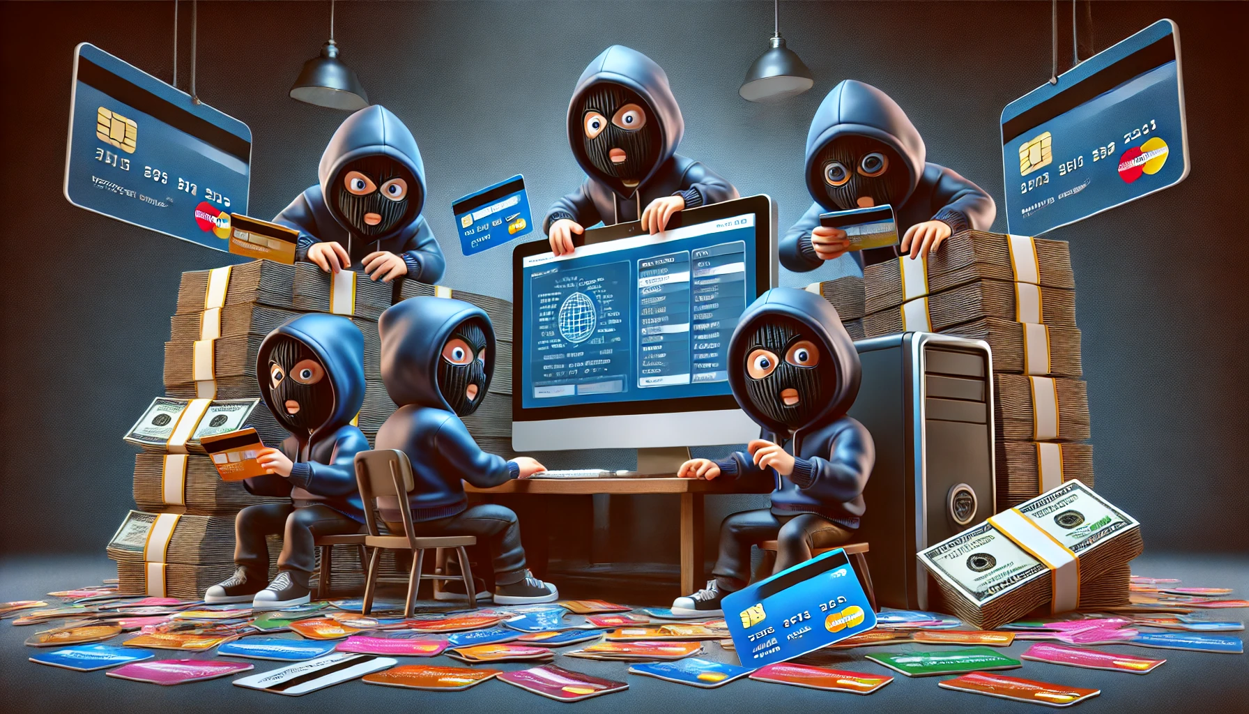 Un grupo de hackers con máscaras y sudaderas, estilo caricatura, se reúne alrededor de una computadora con un montón de tarjetas de crédito esparcidas. La pantalla de la computadora muestra un mercado de la dark web. La escena es exagerada y juguetona, con colores brillantes y expresiones cómicas, ambientada en un entorno típico de la dark web con iluminación tenue y una atmósfera misteriosa.