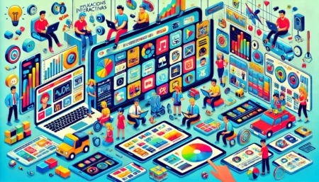 Una imagen divertida y colorida que muestra una variedad de aplicaciones web interactivas en pantallas de dispositivos electrónicos, como ordenadores portátiles, tabletas y smartphones. La imagen incluye gráficos animados, personajes interactuando con juegos, presentaciones financieras visuales y mezcladores de colores vibrantes. La escena está ambientada en un entorno de oficina moderna con un diseño limpio y alegre.