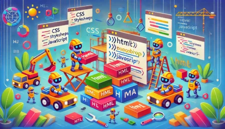 Una ilustración divertida y vibrante que muestra a HTML como el bloque de construcción fundamental del desarrollo web. La imagen presenta un sitio de construcción con robots amigables ensamblando una página web usando etiquetas HTML como bloques de construcción. El fondo incluye elementos como hojas de estilo CSS y fragmentos de código JavaScript, simbolizando la integración con HTML. La escena es colorida, dinámica y atractiva, ideal para desarrolladores web tanto novatos como experimentados.