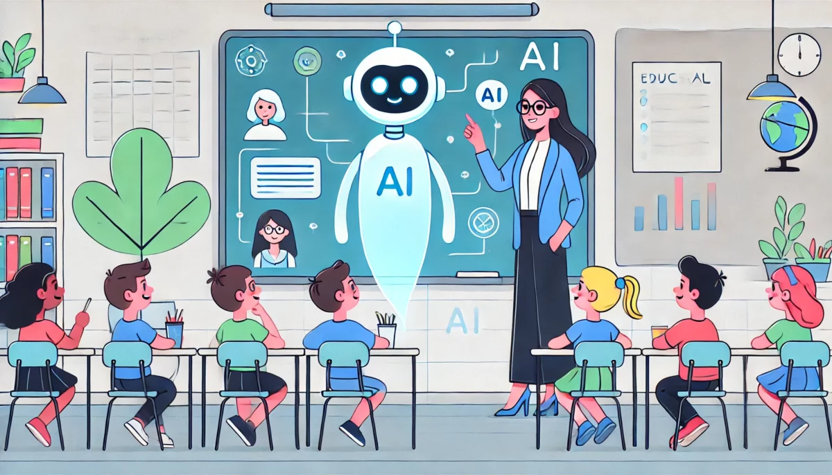 Ilustración minimalista y divertida de un maestro en un aula usando un asistente de inteligencia artificial futurista. Los estudiantes interactúan con entusiasmo tanto con el maestro como con el AI, representado como un asistente holográfico flotante que proyecta contenido educativo en una pizarra inteligente.