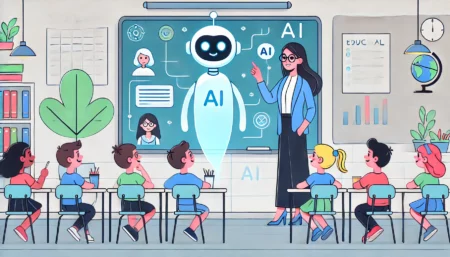 Ilustración minimalista y divertida de un maestro en un aula usando un asistente de inteligencia artificial futurista. Los estudiantes interactúan con entusiasmo tanto con el maestro como con el AI, representado como un asistente holográfico flotante que proyecta contenido educativo en una pizarra inteligente.