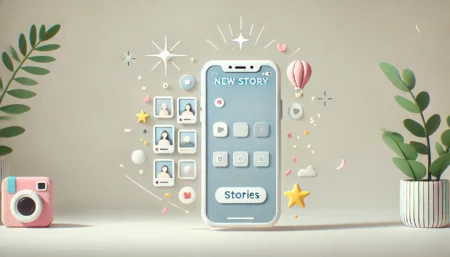 Una imagen minimalista y divertida que muestra un smartphone con fotos flotando a su alrededor, destacando una nueva función de historias similar a Instagram Stories. El fondo es claro con elementos festivos como confeti y estrellas, dando un toque alegre.