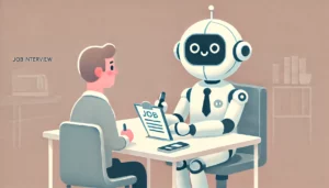 Imagen divertida y minimalista de un robot humanoide entrevistando a un humano en un ambiente profesional y amigable. El robot tiene una cara amigable, un bloc de notas y un bolígrafo, mientras que el humano parece un poco nervioso pero atento. El fondo es simple con colores suaves, creando una atmósfera acogedora.