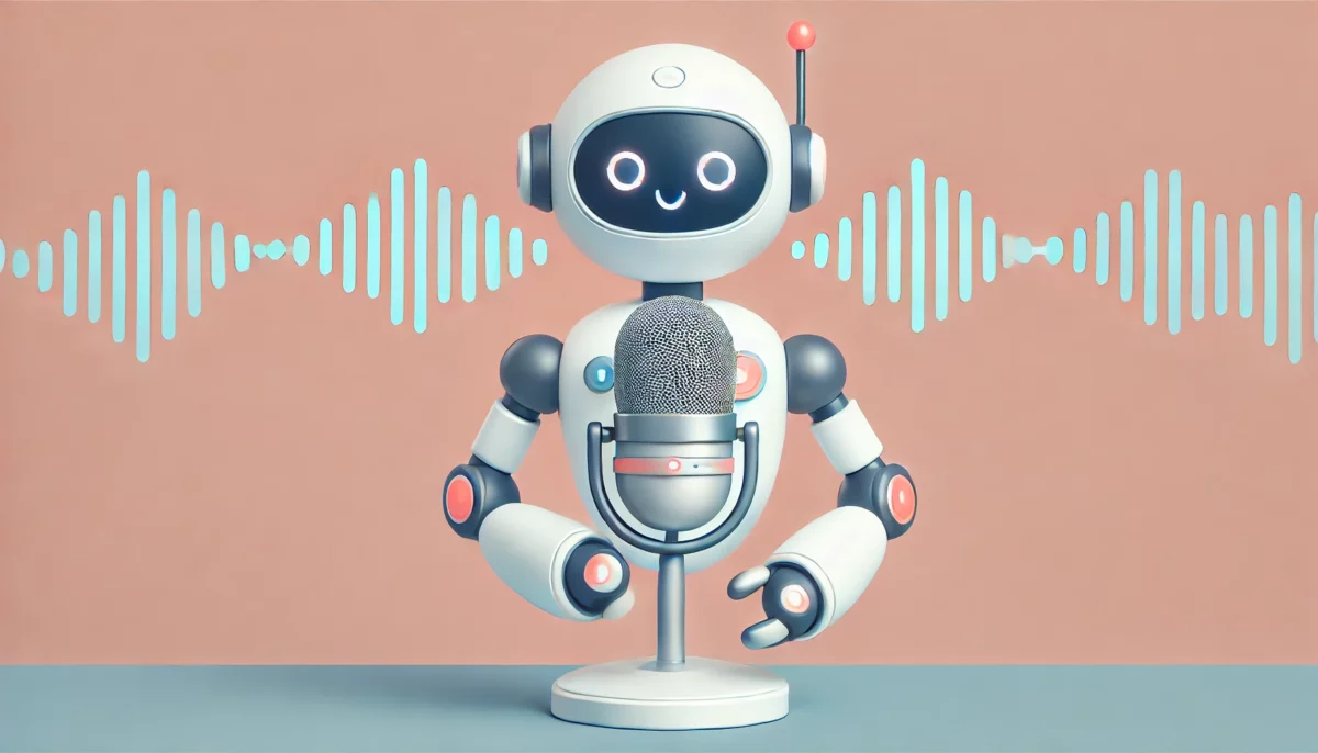 Una ilustración minimalista y divertida de un robot con un micrófono, generando ondas de voz realistas. El robot tiene un diseño futurista y amigable. El fondo es simple, con colores suaves, destacando el sujeto principal.