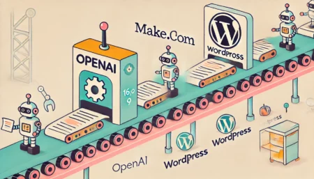 Ilustración minimalista sobre la automatización de blogs utilizando ChatGPT, Make.com y WordPress. La imagen muestra una cinta transportadora con robots creando publicaciones, pasando por los logos de OpenAI, Make.com y WordPress. Ideal para representar el contenido generado automáticamente en internet.