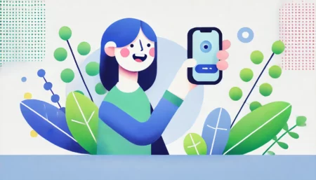 Imagen divertida y minimalista de un adolescente usando un teléfono móvil. El adolescente está sonriente y concentrado en la pantalla del dispositivo. La escena es simple, con colores brillantes y un estilo cartoon