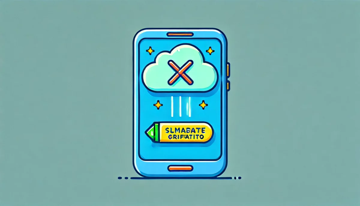 Una imagen minimalista y divertida que muestra un dispositivo móvil con la aplicación CapCut abierta, destacando un ícono de nube con una línea cruzada sobre ella, simbolizando la eliminación del almacenamiento en la nube gratuito. La imagen utiliza colores brillantes y un diseño limpio y moderno.