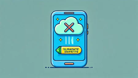 Una imagen minimalista y divertida que muestra un dispositivo móvil con la aplicación CapCut abierta, destacando un ícono de nube con una línea cruzada sobre ella, simbolizando la eliminación del almacenamiento en la nube gratuito. La imagen utiliza colores brillantes y un diseño limpio y moderno.