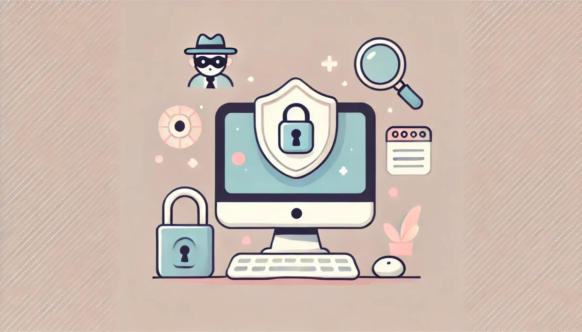 Ilustración minimalista y divertida que muestra la seguridad en una computadora de escritorio con un candado en la pantalla y un escudo luminoso, rodeada de elementos juguetones como una lupa y un hacker caricaturesco. Colores pastel suaves.