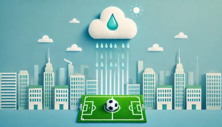 Una imagen minimalista y divertida que muestra un campo de césped artificial autorefrigerante en una ciudad. En el fondo, se observan edificios urbanos y en el primer plano, un campo de fútbol con césped verde. Una pequeña nube refrescante simboliza la evaporación del agua para enfriar el ambiente. El cielo es azul claro con rayos de sol, reflejando un día brillante y alegre.