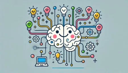 Una ilustración minimalista y divertida de un cerebro conectado a una red de circuitos coloridos, simbolizando las capacidades avanzadas de razonamiento de la IA y la investigación profunda. El cerebro tiene una expresión alegre, con líneas simples y un fondo limpio, incorporando elementos lúdicos como bombillas y engranajes para representar la innovación.