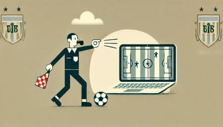 Ilustración minimalista y divertida de un árbitro de fútbol bloqueando una pantalla de computadora que muestra un partido, simbolizando la represión de sitios de streaming pirata en Argentina. La imagen tiene un fondo simple con colores neutros y el árbitro tiene una expresión humorística y exagerada.