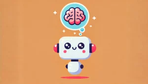 Una imagen minimalista y divertida sobre ChatGPT, mostrando a un chatbot con una burbuja de pensamiento con un cerebro adentro. Esta representación ilustra la percepción errónea de que el chatbot es consciente. El fondo es simple y limpio, con colores suaves y un diseño juguetón y amigable, reflejando el tono ligero del tema.