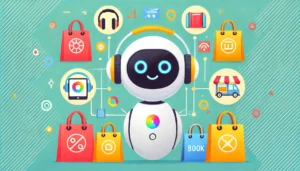 Imagen minimalista y divertida de un chatbot con cara amigable, rodeado de bolsas de compras e iconos de productos como auriculares y libros. El fondo es limpio y simple, con colores brillantes que enfatizan la naturaleza alegre y útil del chatbot