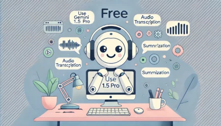 La imagen muestra un robot amigable de estilo caricaturesco sentado frente a una computadora, rodeado de iconos flotantes que representan diversas funcionalidades como transcripción de audio, resumen y generación de código. El fondo es simple y limpio, con colores pastel claros para mantener el enfoque en el robot y los iconos. Esta ilustración minimalista y divertida capta la esencia de usar Gemini 1.5 Pro de forma gratuita.