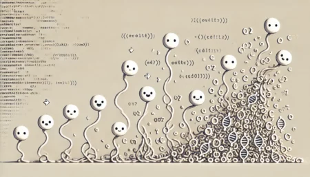 Una ilustración minimalista y divertida que muestra pequeños fragmentos de código transformándose en formas de vida digital. El fondo es de un color neutro claro con formas simples y caprichosas que representan la evolución de los datos. Organismos digitales diminutos con caras sonrientes emergen de los caóticos fragmentos de código, simbolizando la aparición de la vida a partir del azar.