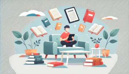 Una ilustración minimalista y divertida de una persona leyendo cómodamente un libro electrónico en un dispositivo digital en casa, rodeada de libros flotantes. El fondo es simple y limpio, con una paleta de colores claros que aporta un ambiente moderno y acogedor.