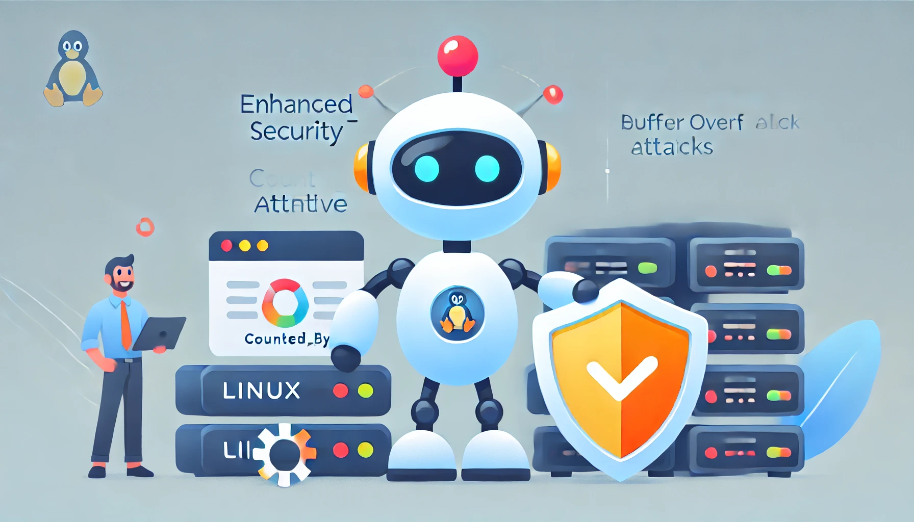 Una imagen minimalista y divertida que muestra un robot amigable y simpático protegiendo un servidor de Linux, simbolizando la seguridad mejorada con el nuevo atributo counted_by de Google. El robot está armado con un escudo, representando la protección contra ataques de desbordamiento de buffer. La escena es simple, con colores brillantes y alegres.