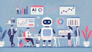 Una imagen minimalista y divertida que ilustra el concepto de herramientas de inteligencia artificial para ventas y marketing. La imagen muestra un robot amigable en un entorno de oficina, interactuando con profesionales de ventas y marketing, analizando datos en pantallas y mostrando gráficos de crecimiento. La paleta de colores es limpia y vibrante, con formas simples y un ambiente alegre.