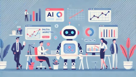 Una imagen minimalista y divertida que ilustra el concepto de herramientas de inteligencia artificial para ventas y marketing. La imagen muestra un robot amigable en un entorno de oficina, interactuando con profesionales de ventas y marketing, analizando datos en pantallas y mostrando gráficos de crecimiento. La paleta de colores es limpia y vibrante, con formas simples y un ambiente alegre.