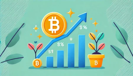 Una imagen minimalista y divertida que representa la recuperación de Bitcoin. Muestra un gráfico ascendente con una moneda de Bitcoin sonriente, indicando crecimiento. Fondos limpios y colores vivos.
