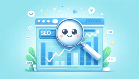Una imagen divertida y minimalista en relación 16:9 sobre optimización SEO. Presenta una lupa sonriente examinando una página web con un gráfico de barras que muestra un aumento en el tráfico. El fondo es limpio y simple, con un degradado azul claro. Hay elementos lúdicos como pequeños iconos de palabras clave y etiquetas meta flotando alrededor. La imagen transmite de manera ligera y atractiva el impacto positivo del SEO.