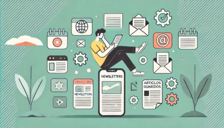 Una imagen minimalista y divertida que muestra a una persona relajada leyendo en un dispositivo móvil, rodeada de iconos representativos de newsletters y artículos guardados. El fondo es simple, con colores suaves y claros. La imagen transmite la idea de organización y lectura placentera de newsletters y artículos en un entorno digital libre de distracciones.