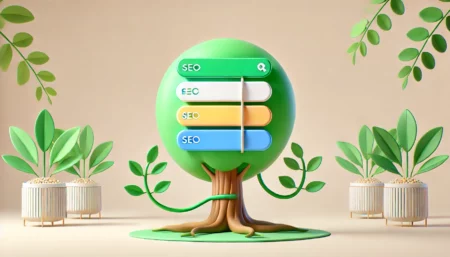 Una imagen minimalista y divertida que muestra el concepto de SEO Parásito. Un pequeño planta (representando un nuevo sitio web) crece rápidamente y prospera al estar unida a un gran árbol (representando un sitio web de alta autoridad). El fondo es simple con colores claros, enfocándose en la relación simbiótica.