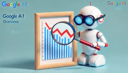 Robot de inteligencia artificial ajustando un gráfico descendente en una pizarra, representando la reducción de la visibilidad de Google AI Overviews.