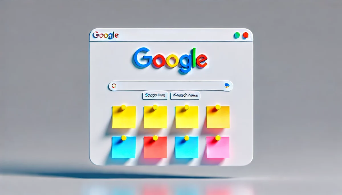 Imagen minimalista que ilustra el experimento de Google de agregar notas coloridas a los resultados de búsqueda. Representa una página de Google con notas adhesivas brillantes, destacando la función de anotaciones.