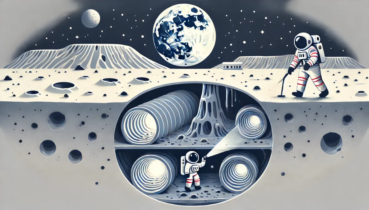 Ilustración minimalista y divertida de la Luna, mostrando cuevas subterráneas y un astronauta explorando, destacando el potencial para futuras colonias humanas en la Luna.