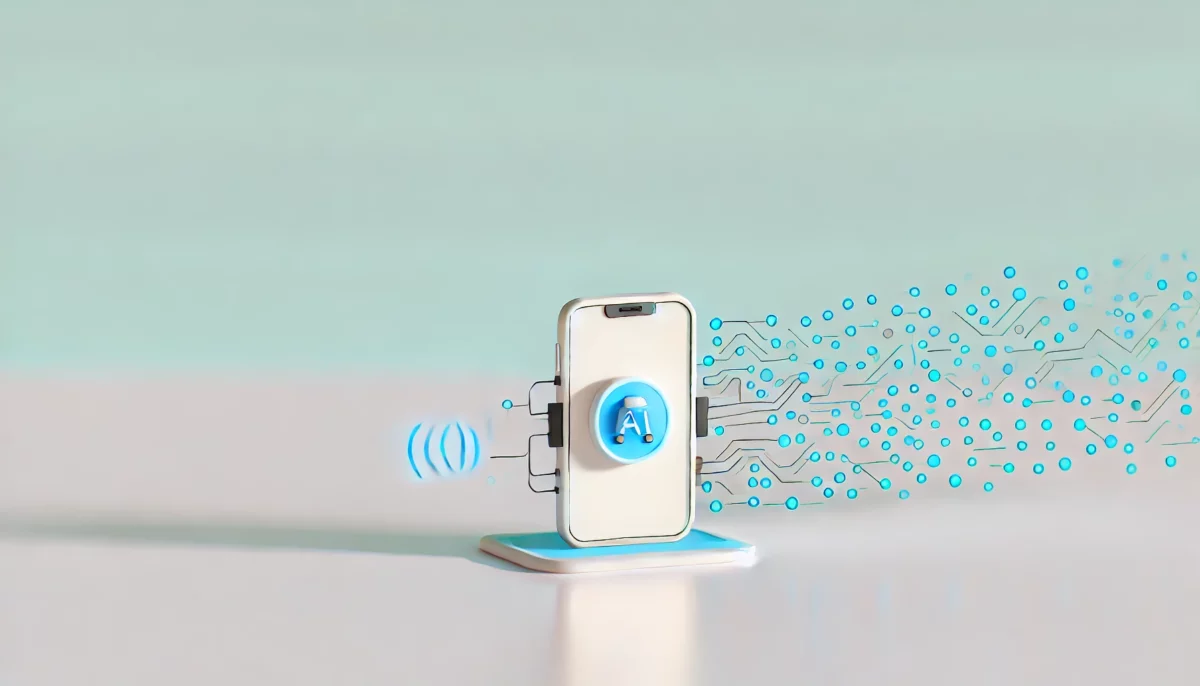 Imagen minimalista de un modelo de IA poderoso en un teléfono, rodeado de circuitos y datos, simbolizando procesamiento avanzado.
