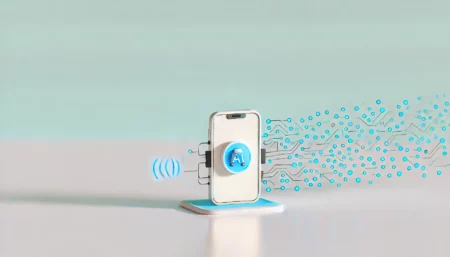 Imagen minimalista de un modelo de IA poderoso en un teléfono, rodeado de circuitos y datos, simbolizando procesamiento avanzado.