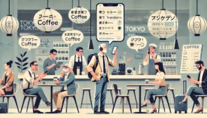 "Ilustración minimalista y divertida de un turista confundido intentando ordenar café en un café de Tokio usando una app de traducción. La escena muestra al turista rodeado de clientes divertidos por la situación, en un entorno moderno y con elementos futuristas como hologramas del menú."