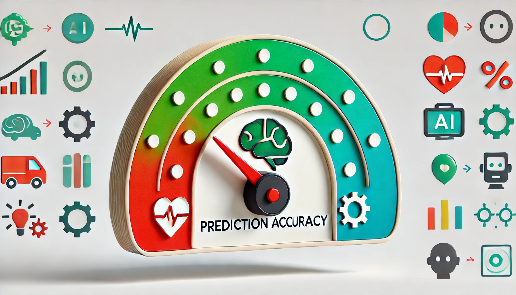 Ilustración digital minimalista y divertida que representa la precisión de las predicciones de IA mediante un velocímetro estilizado. Colores vivos y elementos lúdicos como un cerebro, un corazón y un engranaje capturan la esencia de la tecnología de forma accesible.