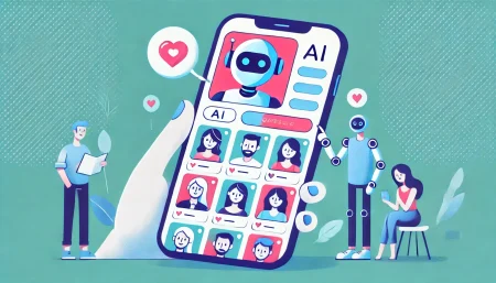 Una ilustración minimalista y divertida de la interfaz de una aplicación de citas en un smartphone, mostrando una selección de fotos resaltadas por un algoritmo de IA. El diseño es limpio y colorido, con un enfoque en las fotos de perfil que están siendo elegidas. La IA está representada por un personaje robótico amigable que asiste en el proceso de selección.