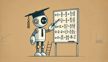 Una ilustración minimalista y divertida muestra a un robot con un birrete de graduación resolviendo problemas matemáticos en una pizarra. La imagen simboliza el avance de la inteligencia artificial en el campo de las matemáticas, destacando la interacción del robot con fórmulas matemáticas básicas. El fondo es claro y sencillo, con un estilo de líneas limpias y colores suaves que aportan un tono alegre y optimista a la escena.