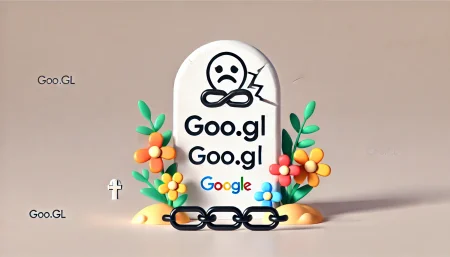 Una imagen minimalista y divertida que representa el final del acortador de URL de Google, goo.gl. La imagen muestra un icono de enlace roto junto a una lápida de estilo caricaturesco con la etiqueta "goo.gl", rodeada de flores coloridas, simbolizando su cierre. El fondo es limpio y claro, enfatizando el tema central.