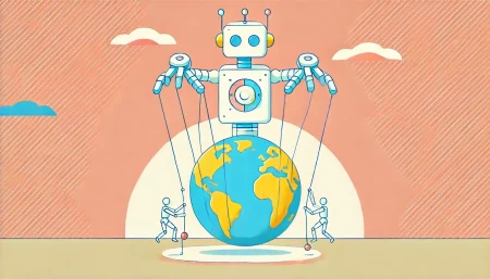 La imagen muestra una ilustración minimalista y divertida de un robot manipulando hilos de marioneta conectados a un globo terráqueo. Esto simboliza el concepto de ataques narrativos impulsados por inteligencia artificial, donde la IA se utiliza para manipular información y desinformar a nivel global. Los colores suaves y pastel y el estilo ligero de la ilustración destacan la complejidad del tema de manera accesible y visualmente agradable.