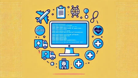 Una ilustración minimalista y divertida que representa un apagón tecnológico. Un ordenador con la pantalla azul de la muerte (BSOD) está rodeado de símbolos de diversas industrias afectadas, como un avión, una cruz de hospital y una televisión. La imagen tiene un estilo ligero y juguetón con líneas limpias y colores brillantes.