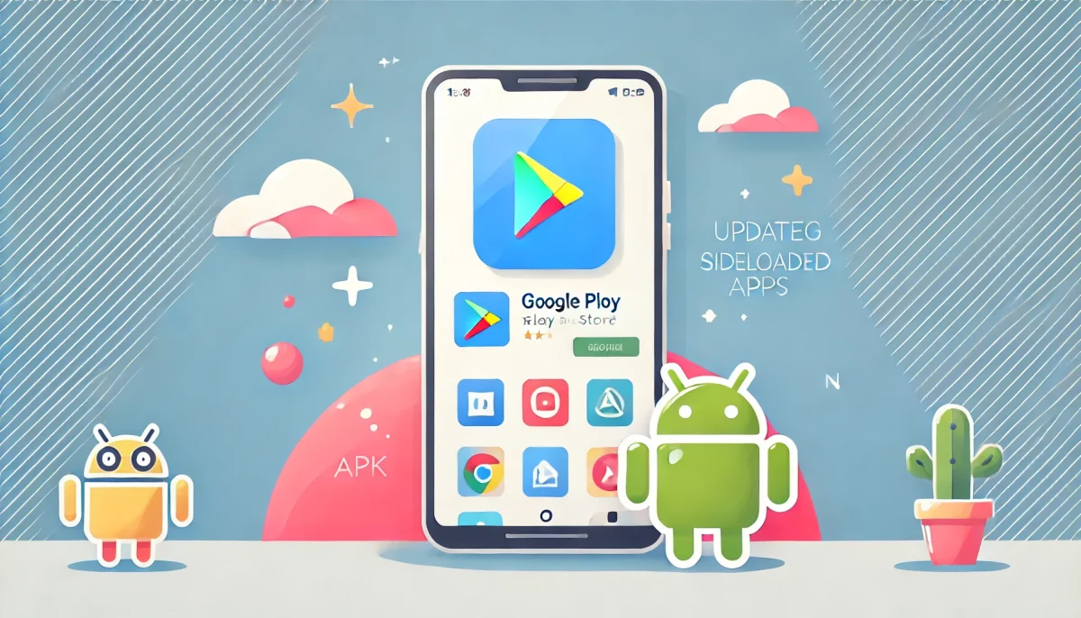 Una ilustración minimalista y divertida que muestra un smartphone con un gran ícono de Google Play Store y varios íconos de APK alrededor, simbolizando la idea de actualizar aplicaciones sideloaded. El fondo es claro y limpio, con elementos lúdicos como pequeñas nubes o estrellas para un toque alegre.