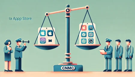 Una ilustración minimalista y divertida que representa la investigación de la Comisión Nacional de los Mercados y la Competencia (CNMC) sobre la App Store de Apple. La imagen muestra una balanza de justicia equilibrada con el ícono de la App Store en un lado y un grupo de desarrolladores en el otro, simbolizando la búsqueda de condiciones justas en el mercado de aplicaciones.