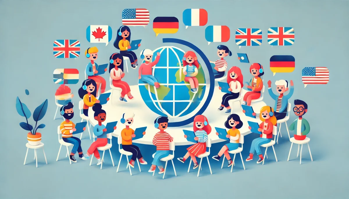 Esta ilustración muestra a personajes de diversas etnias aprendiendo idiomas en línea, sentados alrededor de una mesa con forma de globo, cada uno con una tableta que muestra banderas de diferentes países. La paleta de colores brillantes y el diseño minimalista reflejan un ambiente alegre y educativo.