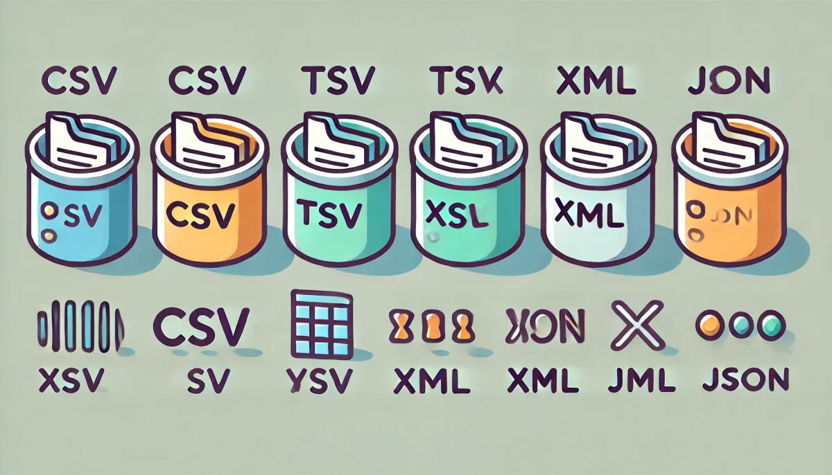 La imagen muestra cinco iconos minimalistas y coloridos que representan diferentes formatos de archivo utilizados en la ciencia de datos: CSV, TSV, XLSX, XML y JSON. Los iconos están alineados horizontalmente sobre un fondo claro, cada uno con un diseño distintivo que refleja su respectivo formato. El estilo es moderno y amigable, con líneas limpias que transmiten una sensación de simplicidad y accesibilidad.