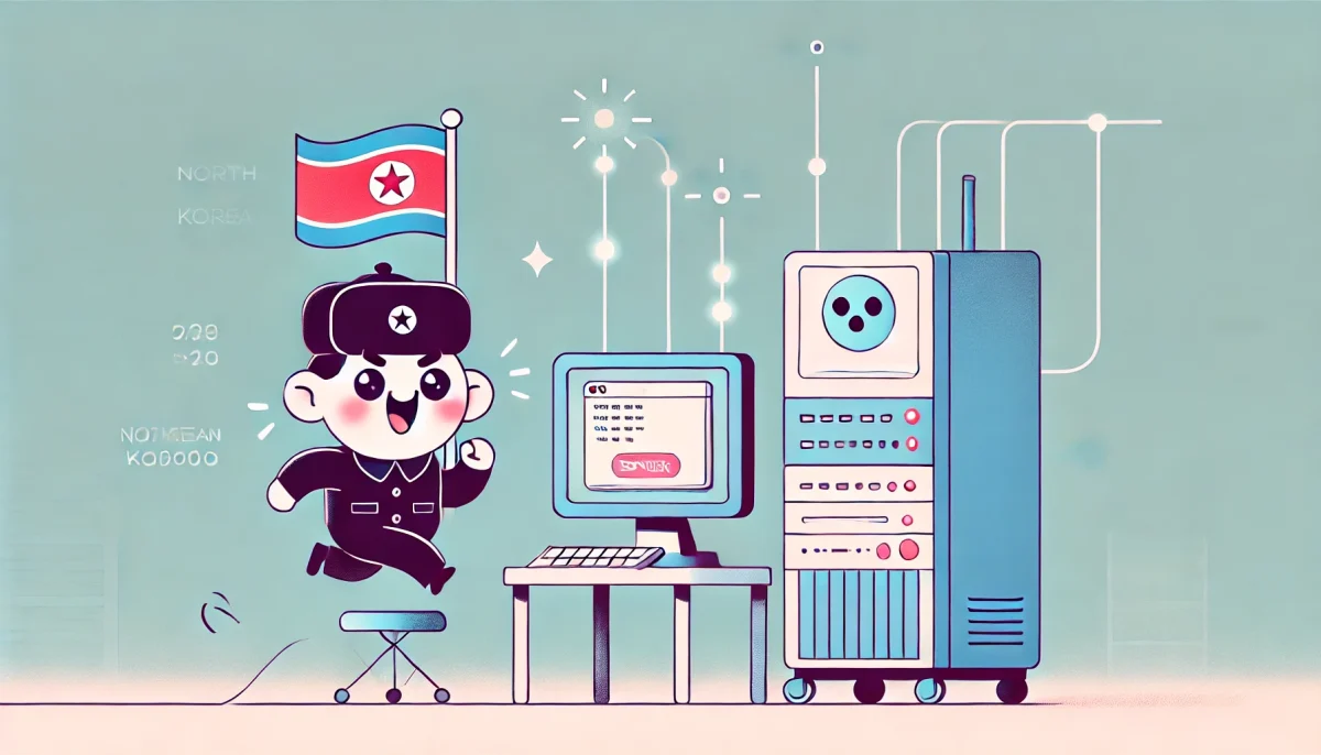 Una ilustración minimalista y divertida que representa un ciberataque a un sistema informático de un hospital, con un hacker norcoreano caricaturesco y líneas de datos en movimiento. La imagen usa colores pastel y un estilo juguetón para ilustrar un tema serio de manera ligera.