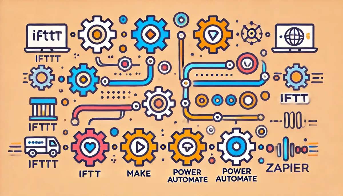 Una imagen minimalista y divertida que representa herramientas de automatización como IFTTT, Make, Power Automate y Zapier. Los iconos de engranajes interconectados con líneas suaves y coloridas simbolizan la integración y automatización de diferentes aplicaciones y servicios, destacando la facilidad y eficiencia de estas herramientas.