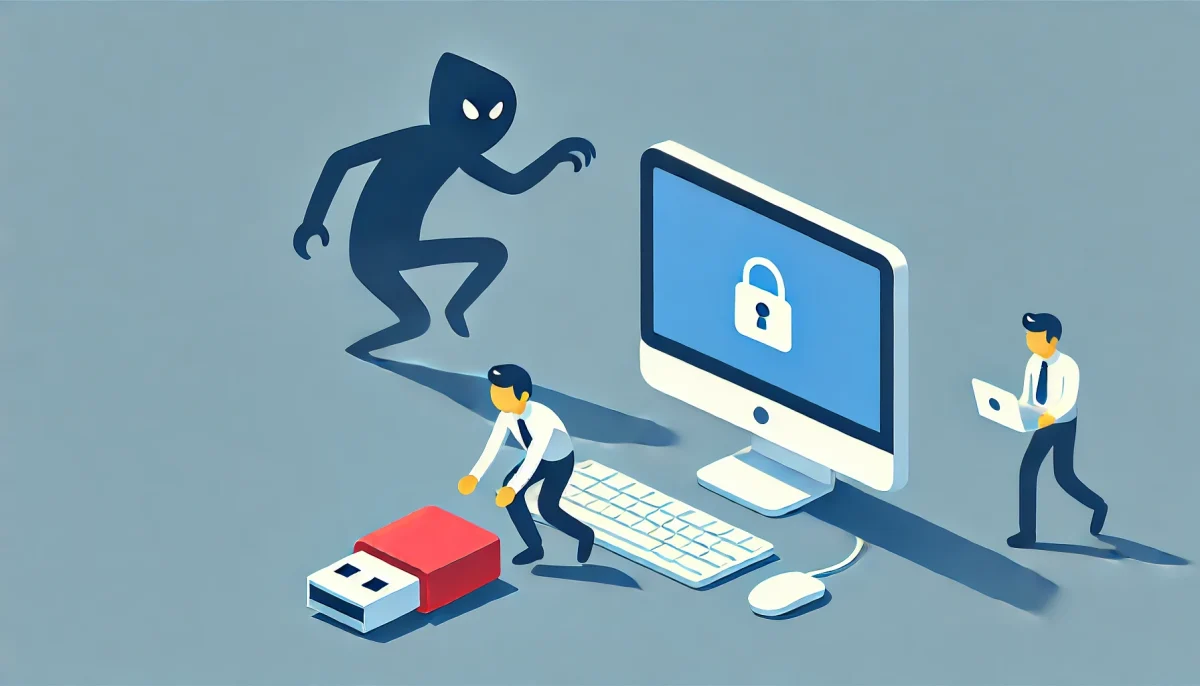 Ilustración minimalista y divertida de baiting en ciberseguridad, mostrando a una persona a punto de conectar un USB sospechoso a una computadora, con un ciberatacante en la sombra.