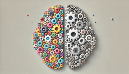 Ilustración minimalista y lúdica que representa el sesgo en la inteligencia artificial, mostrando un cerebro digital compuesto de engranajes coloridos y grises, simbolizando la diversidad y uniformidad en el entrenamiento de datos de IA.