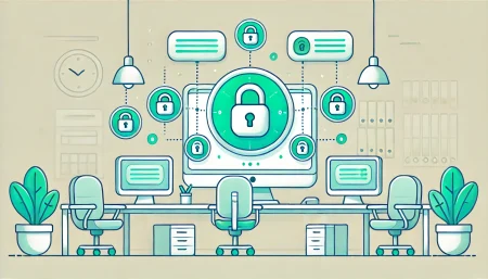 Una ilustración minimalista y divertida que muestra una oficina futurista con una pantalla de computadora que exhibe interacciones de datos seguras representadas por candados verdes y burbujas de chat. El fondo es simple, con colores claros y líneas limpias, manteniendo el enfoque en la pantalla y los candados.