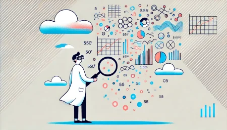 Ilustración minimalista y divertida de un científico de datos con gafas de nerd y bata de laboratorio, sosteniendo una lupa y observando gráficos y números flotando en el aire. Los gráficos incluyen barras, líneas y diagramas de dispersión, representando el análisis de datos. El fondo es blanco con colores pastel.